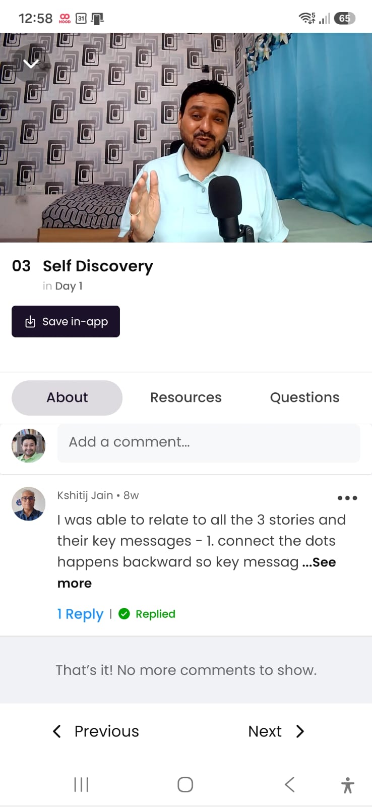 A practice lesson with participant reflections in the Ease and Flow Dialogues app